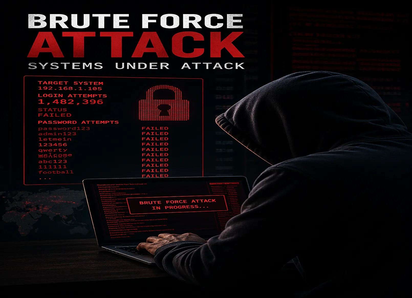 Illustration showing a brute force attack attempting password combinations against a locked system