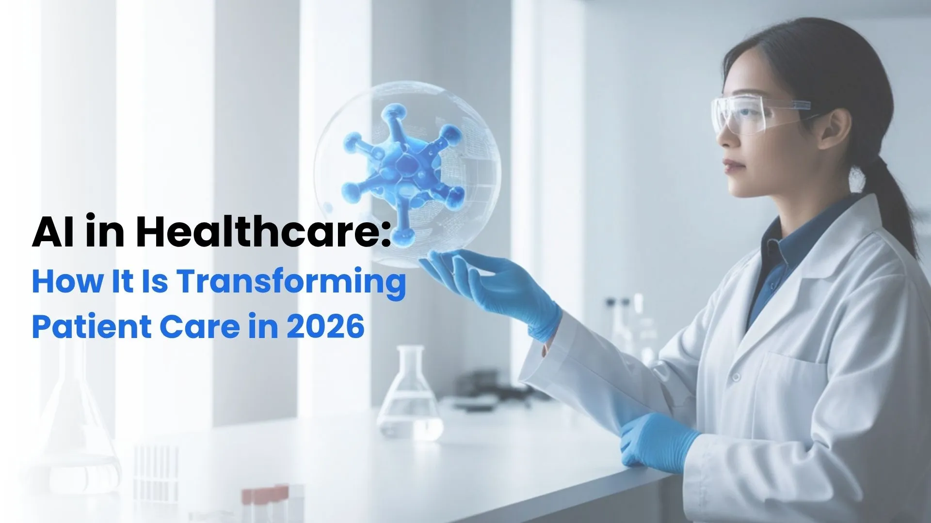 AI in healthcare illustration showing medical imaging analysis, predictive analytics, and connected patient monitoring devices
