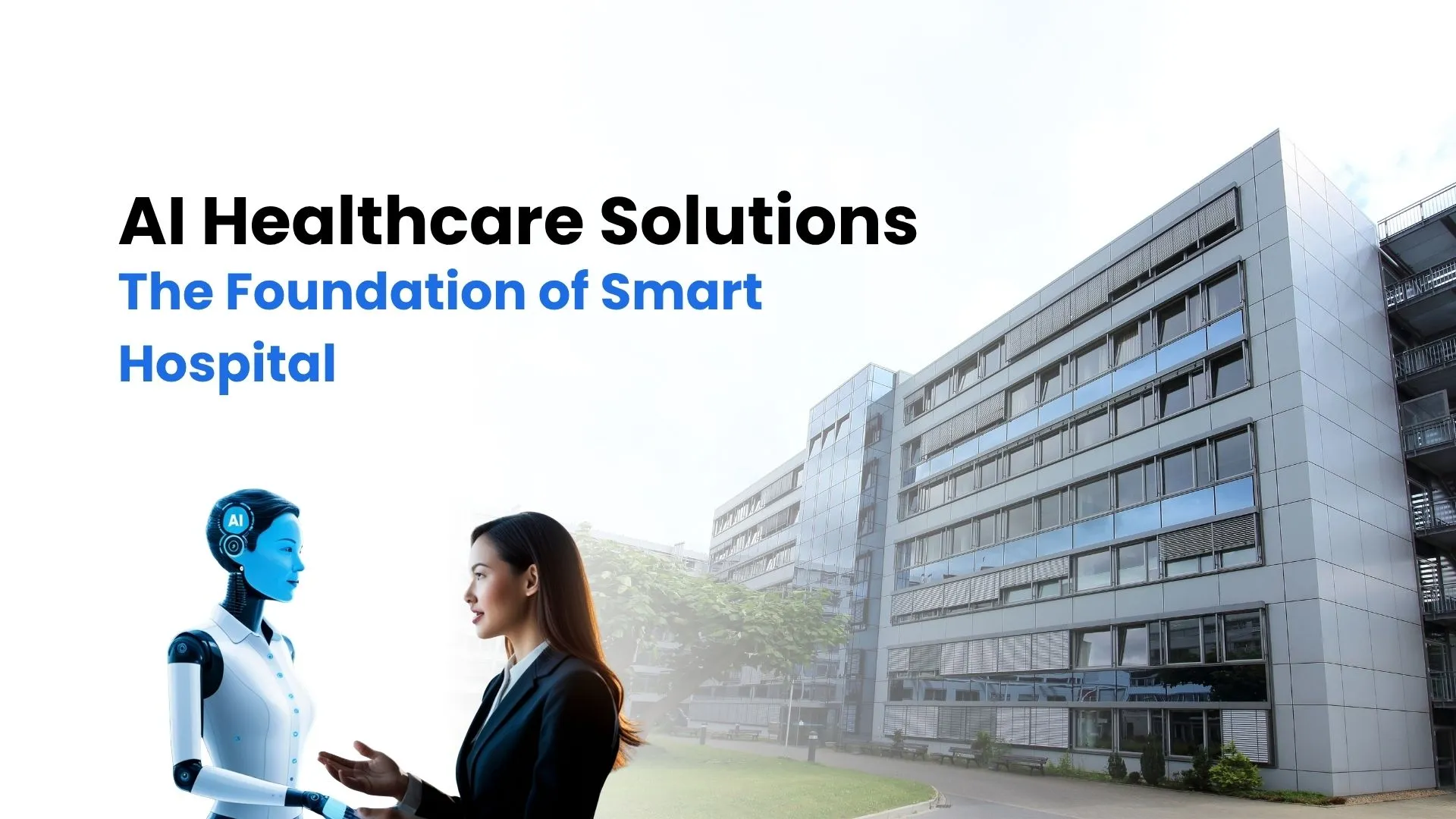 AI healthcare solutions illustration showing a smart hospital with connected IoT devices, predictive analytics dashboards, and robotic-assisted surgery systems