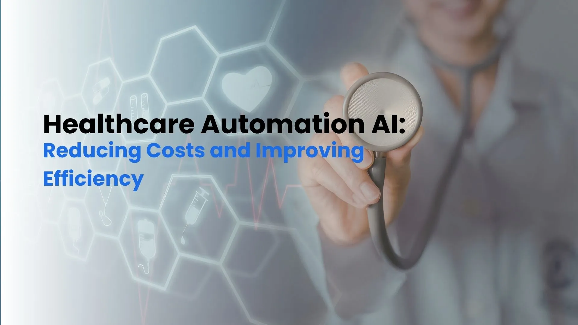 Healthcare automation AI illustration showing automated workflows, predictive analytics dashboards, and AI chatbots reducing hospital operational costs